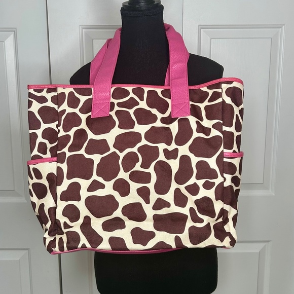 Toss Giraffe Print with Pink Faux Leather Trim and Zipper-Coated Canvas - Picture 2 of 5